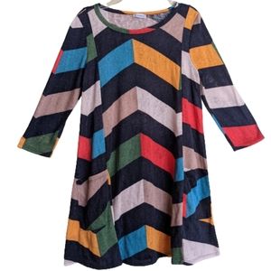 Vintage Egs California Swing Knit Dress Multicolor Abstract Chevron Print 80s